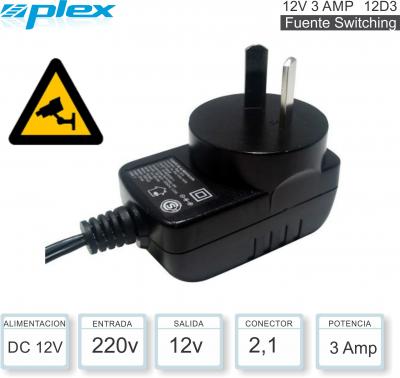 Fuente Switching 12V 03.0A 2.1mm PLEX 12D3