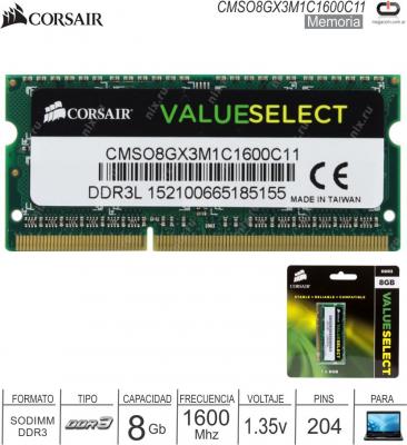 Sodimm DDR3 8Gb 1600 1.35v CORSAIR CMSO8GX3M1C160