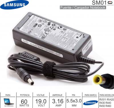 Fuente Ntk SAMSUNG SM01 19V 3.16A 5.5x3.0MM 60W